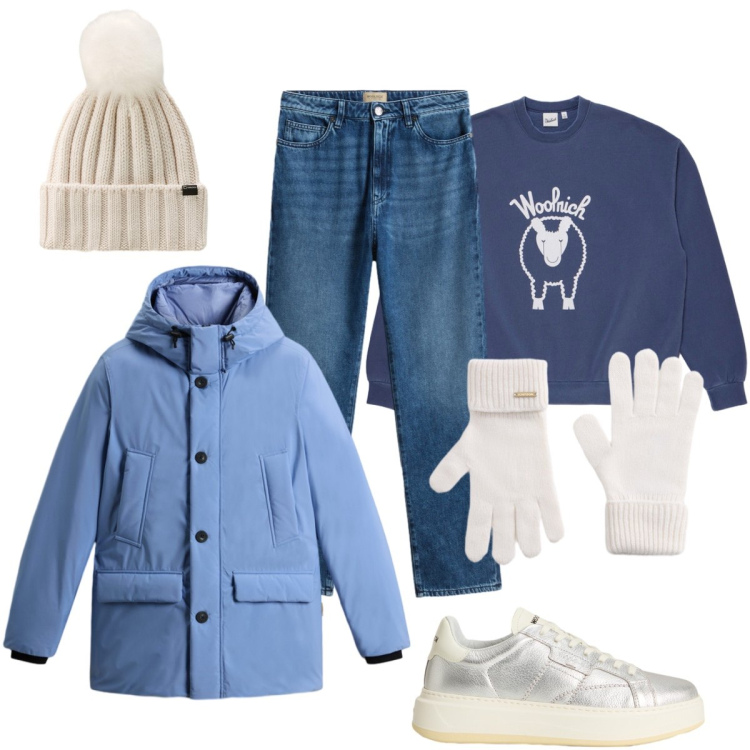 Outfit donna - Passeggiata nel bosco. Stile Casual chic per Tutti i giorni. Abbinamento con parka, felpe, sneakers, guanti, jeans, berretti.