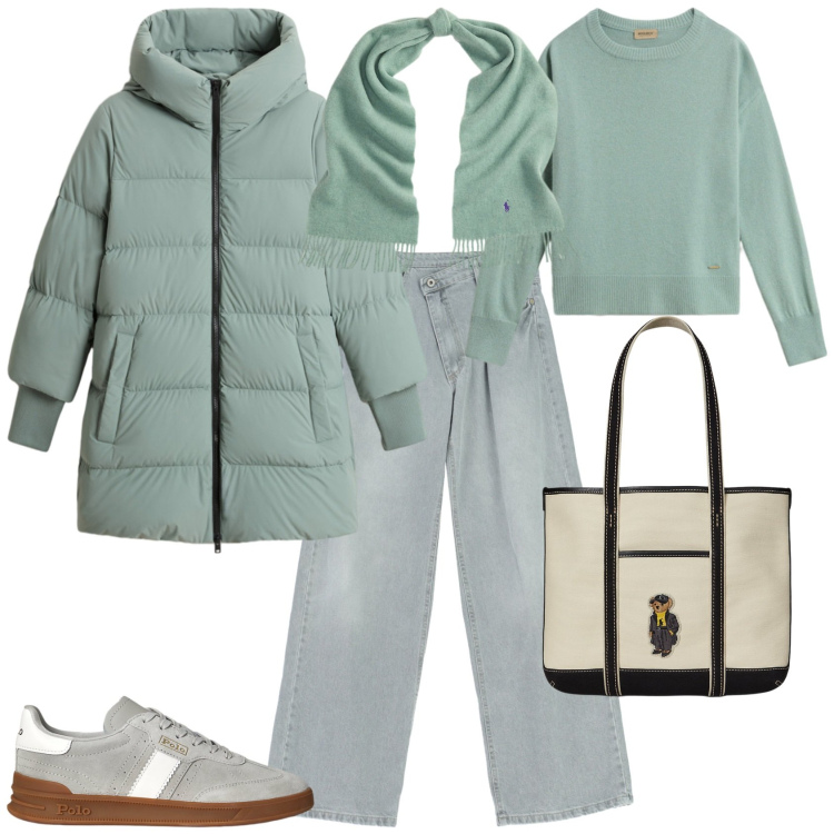 Outfit donna - Trendy. Stile Trendy per Tutti i giorni. Abbinamento con pantaloni, maglieria, piumini, sneakers, borse tote, sciarpe.