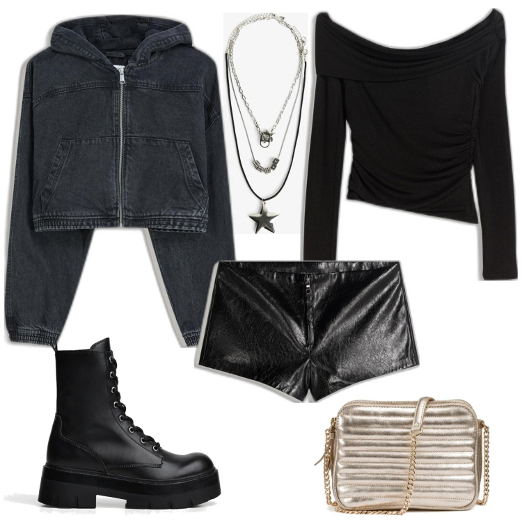 Outfit mujer - De fiesta con mis amigas. Estilo Chic para Noche/Fiesta elegante. Combinación con blazers, top, collares, shorts, bolsos de hombro, botines.