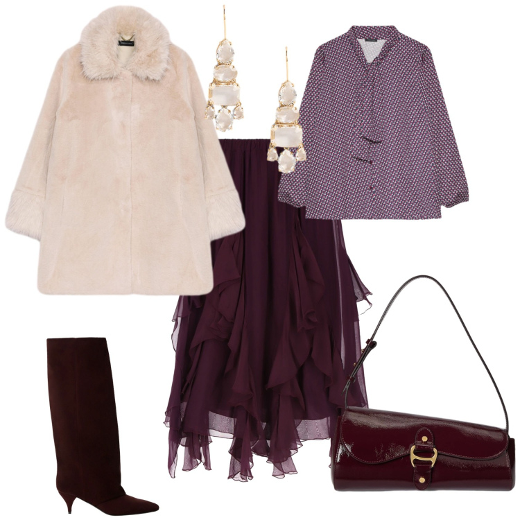 Outfit donna - Chic serata evento speciale. Stile Chic per Serata fuori. Abbinamento con gonne longuette, stivali, orecchini, borse a spalla, camicie, cappotti.