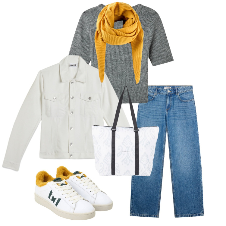 Outfit donna - Un caffè con le amiche. Stile Casual per Tutti i giorni. Abbinamento con foulard, t-shirt, jeans, sneakers, shopping bag, giacche.