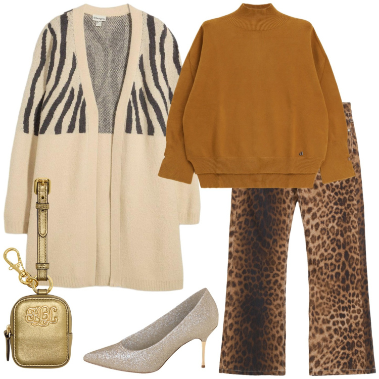 Outfit donna - Feste in chiaro. Stile Casual chic per Tutti i giorni. Abbinamento con cardigans, pantaloni, décolleté, maglieria, pochette.