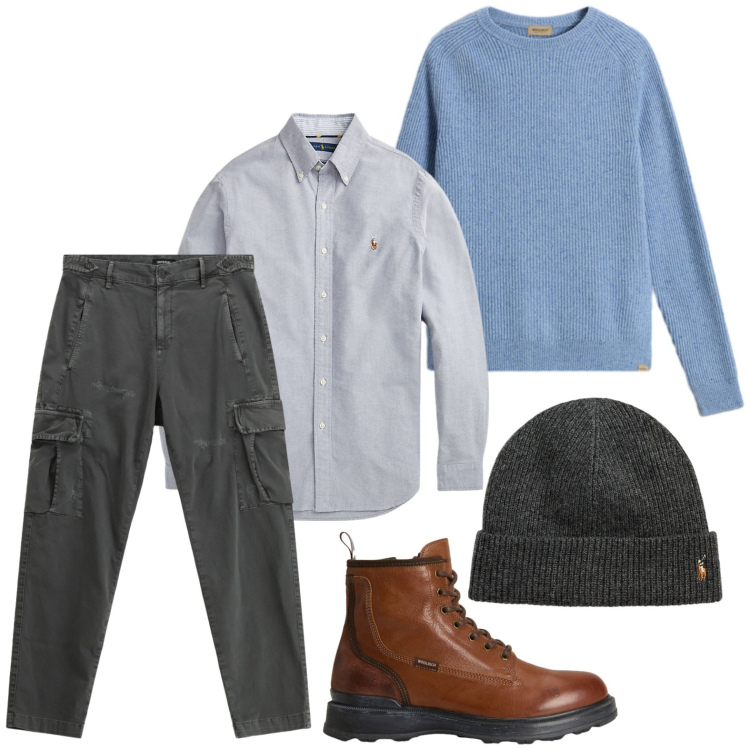 Outfit uomo - Serata al pub. Stile Trendy per Serata speciale. Abbinamento con pantaloni cargo, camicie, berretti, maglieria, anfibi.