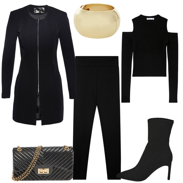 Outfit donna - Total black. Stile Chic per Serata fuori. Abbinamento con blazer, maglieria, leggings, stivali, borse a tracolla, braccialetti.