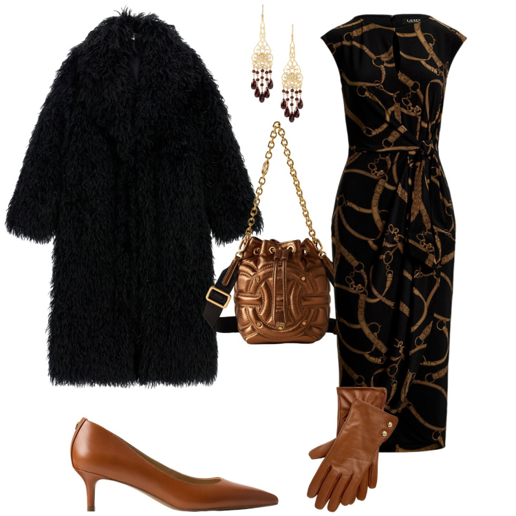 Outfit donna - Chic serata evento speciale. Stile Chic per Serata fuori. Abbinamento con cappotti, borse a secchiello, vestiti, guanti, orecchini, décolleté.