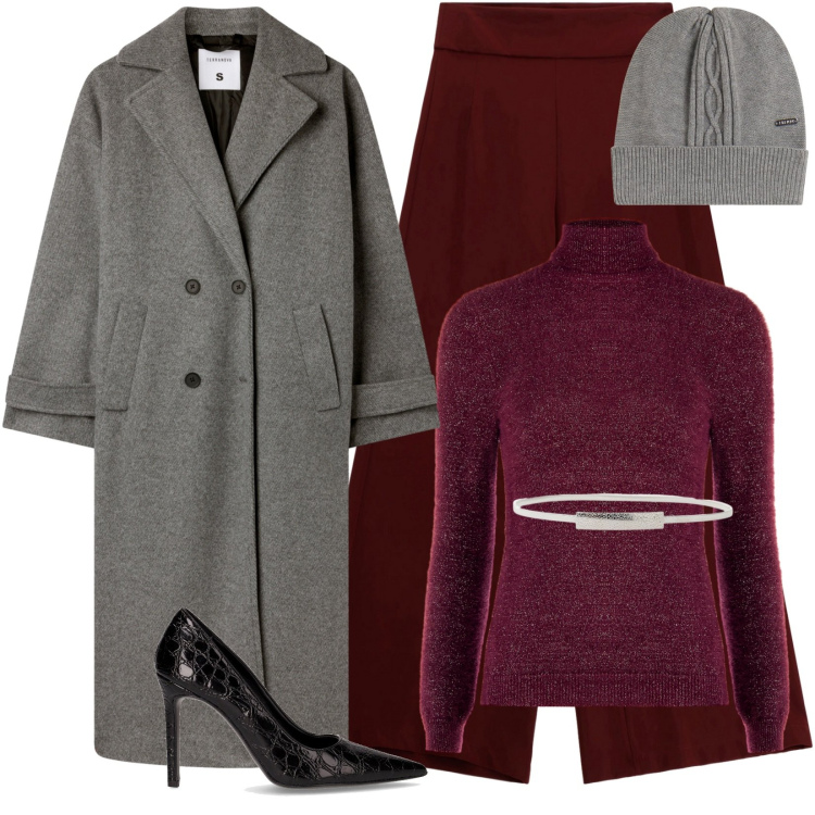 Outfit donna - Glam lady. Stile Bon Ton per Serata fuori. Abbinamento con pantaloni a palazzo, cappotti, pullovers, cinture, berretti, décolleté.