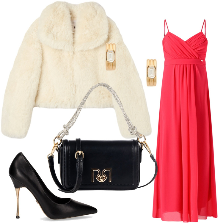 Outfit donna - Red night. Stile Chic per Serata fuori. Abbinamento con vestiti lunghi, borse a mano, ecopellicce, orecchini, décolleté.