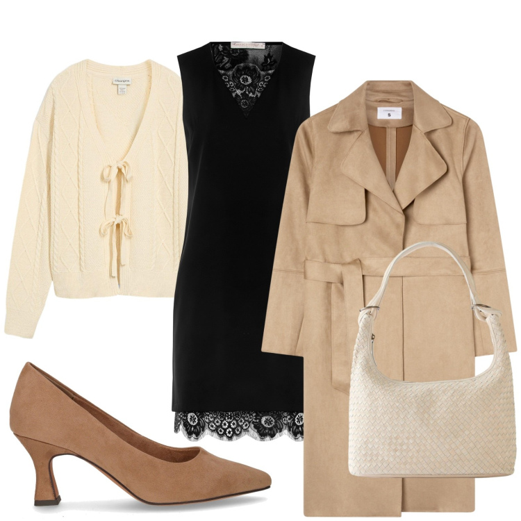 Outfit donna - Look da giorno. Stile Glamour per Ufficio. Abbinamento con shopping bag, cardigans, trench, vestiti a tubino, décolleté.