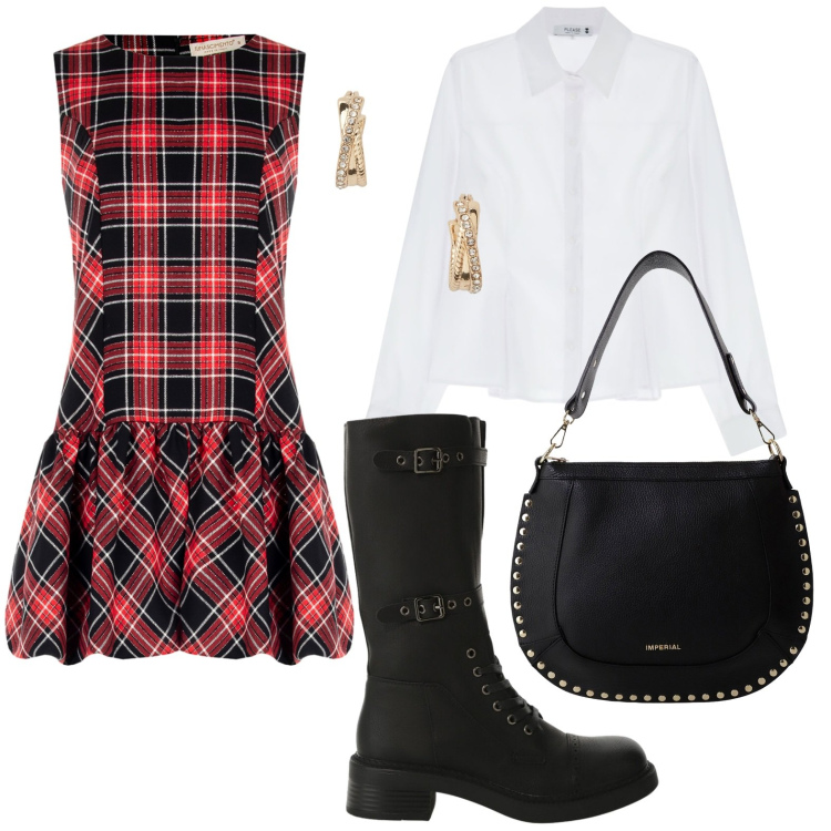 Outfit donna - British girl. Stile Chic per Serata fuori. Abbinamento con vestiti senza maniche, camicie, borse a spalla, stivali, orecchini.