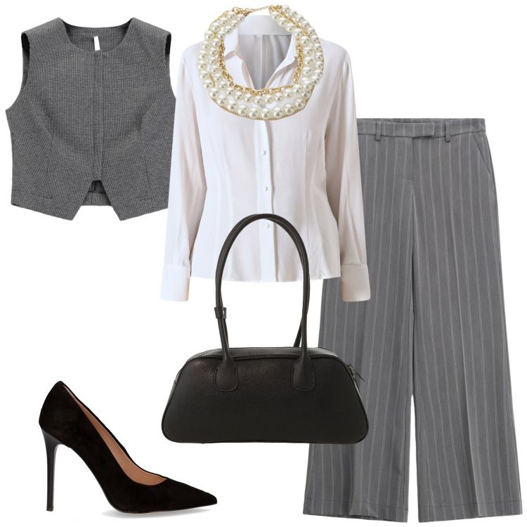 Outfit donna - Il pantalone gessato. Stile Bon Ton per Ufficio. Abbinamento con camicie, pantaloni a palazzo, gilet, collane, borse a mano, décolleté.