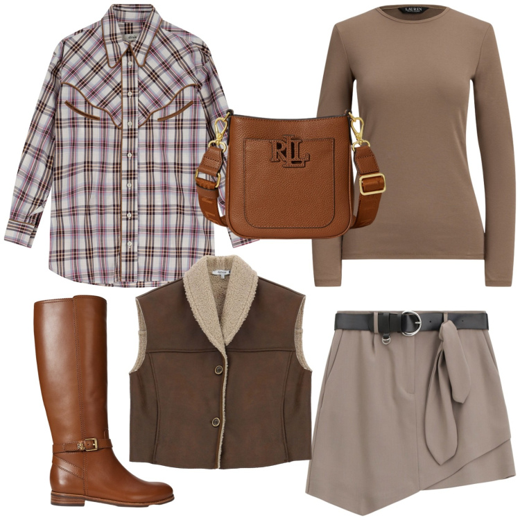 Outfit donna - Sweet november. Stile Casual chic per Tutti i giorni. Abbinamento con gilet, minigonne, camicie, t-shirt, stivali, borse a tracolla.