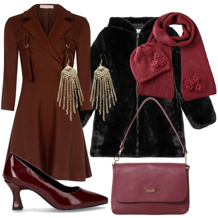 Outfit donna - Bordeaux e nero. Stile Chic per Serata fuori. Abbinamento con sciarpe, cappotti, vestiti midi/longuette, borse a tracolla, orecchini, décolleté.