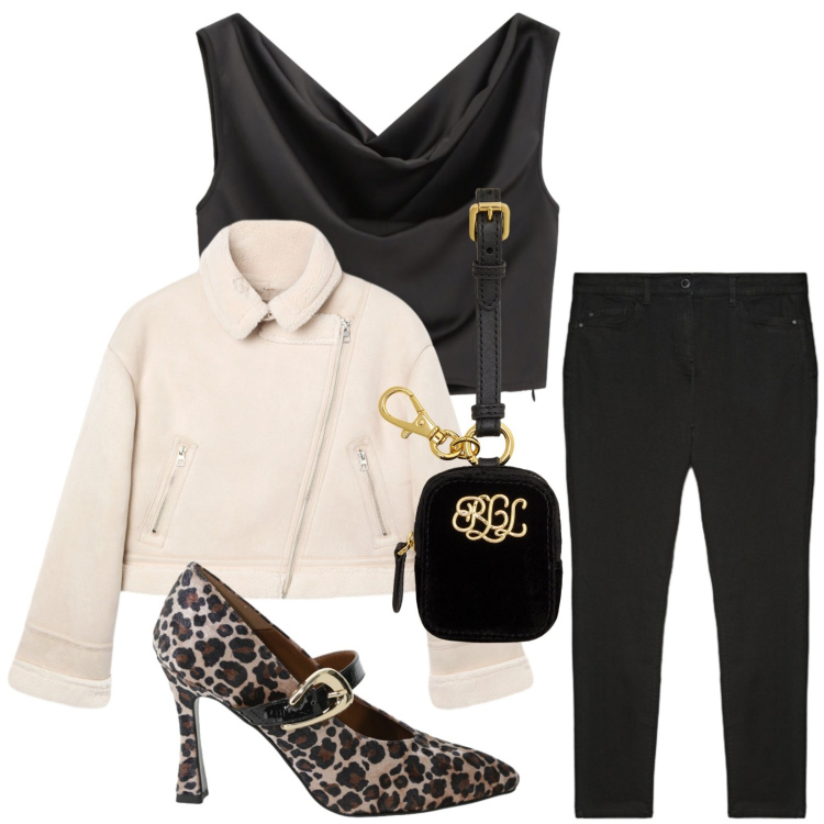 Outfit donna - Dettaglio animalier. Stile Casual chic per Serata fuori. Abbinamento con giacche, top, décolleté, pochette, jeans skinny.