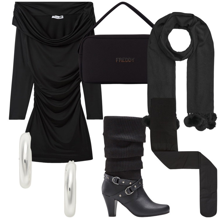 Outfit donna - Una pizza in black. Stile Urban per Serata fuori. Abbinamento con stivali, collant, sciarpe, vestiti corti, borse a mano, orecchini.