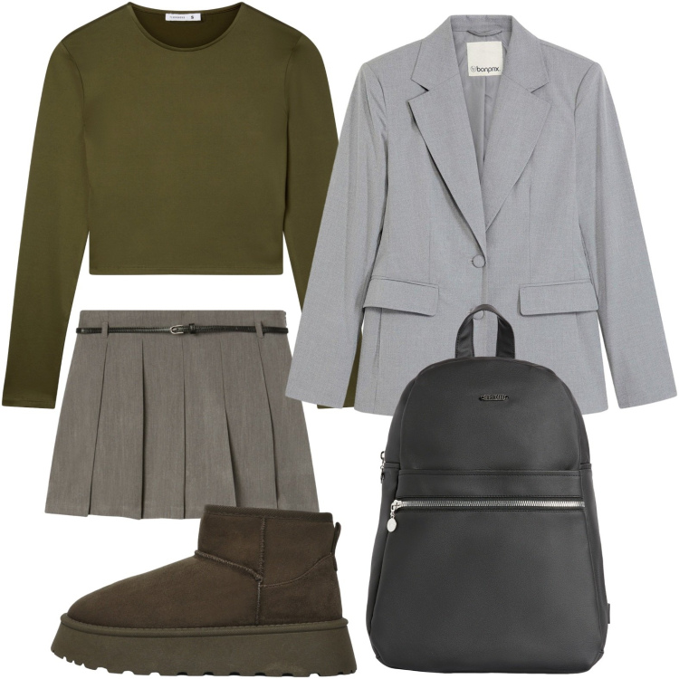 Outfit donna - Il maglione military. Stile Preppy per Tutti i giorni. Abbinamento con blazer, t-shirt, minigonne, stivali, zaini.