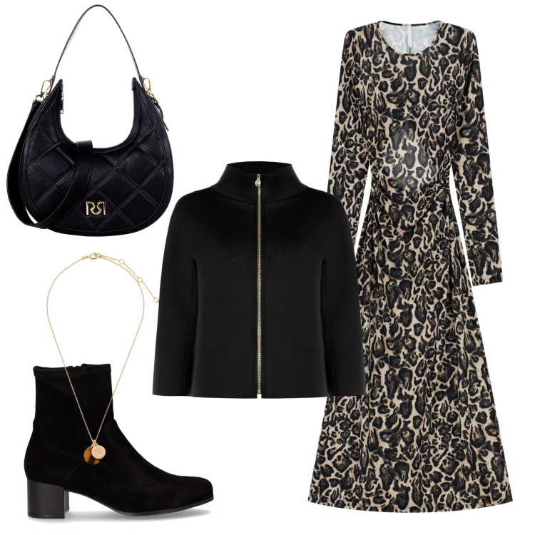 Outfit donna - Donna di classe. Stile Trendy per Tutti i giorni. Abbinamento con borse a tracolla, cappe, vestiti lunghi, collane, stivaletti.