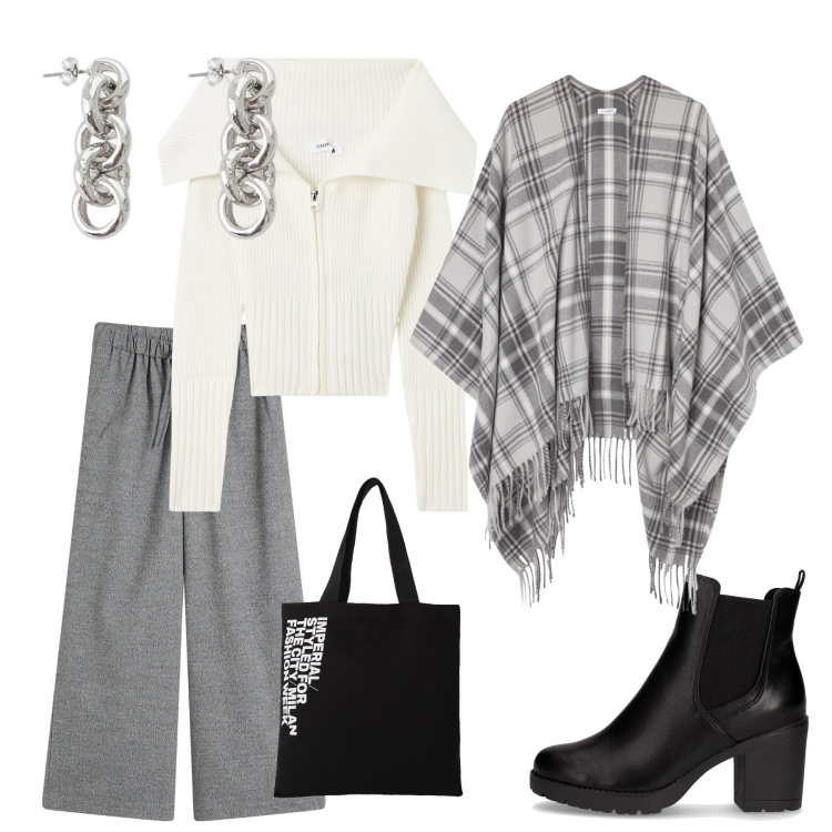 Outfit donna - Total look #2285778. Stile Glamour per Ufficio. Abbinamento con pantaloni a palazzo, cappotti, cardigans, shopping bag, orecchini, stivaletti chelsea.