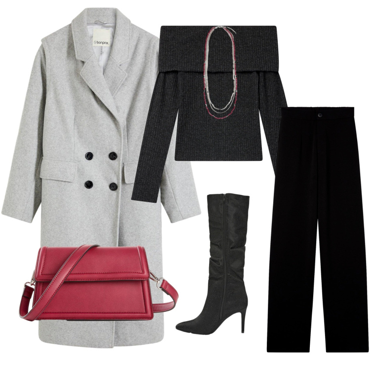 Outfit donna - Serata confort e stile. Stile Casual chic per Serata fuori. Abbinamento con cappotti, borse a tracolla, pantaloni, maglieria, stivali, collane.