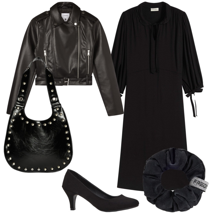 Outfit donna - Bon ton col biker. Stile Rock per Tutti i giorni. Abbinamento con décolleté, vestiti, giacche, accessori per capelli, borse a spalla.