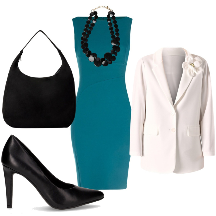 Outfit donna - Tubino sky. Stile Chic per Serata fuori. Abbinamento con borse a mano, vestiti a tubino, blazer, décolleté, collane.