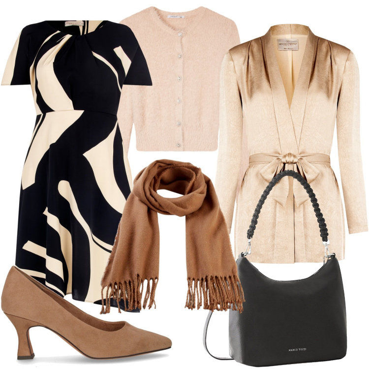 Outfit donna - L\'abito con stampa. Stile Etnico per Serata fuori. Abbinamento con sciarpe, borse a mano, vestiti corti, blazer, cardigans, décolleté.