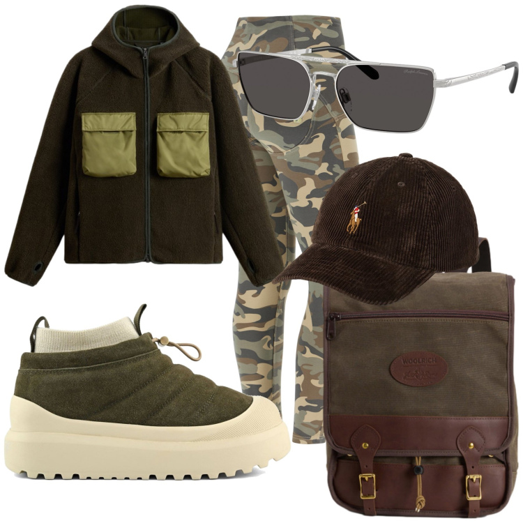 Outfit donna - Super trendy. Stile Military per Tutti i giorni. Abbinamento con pantaloni skinny, zaini, felpe con cappuccio, cappelli con visiera, occhiali da sole, stivaletti.