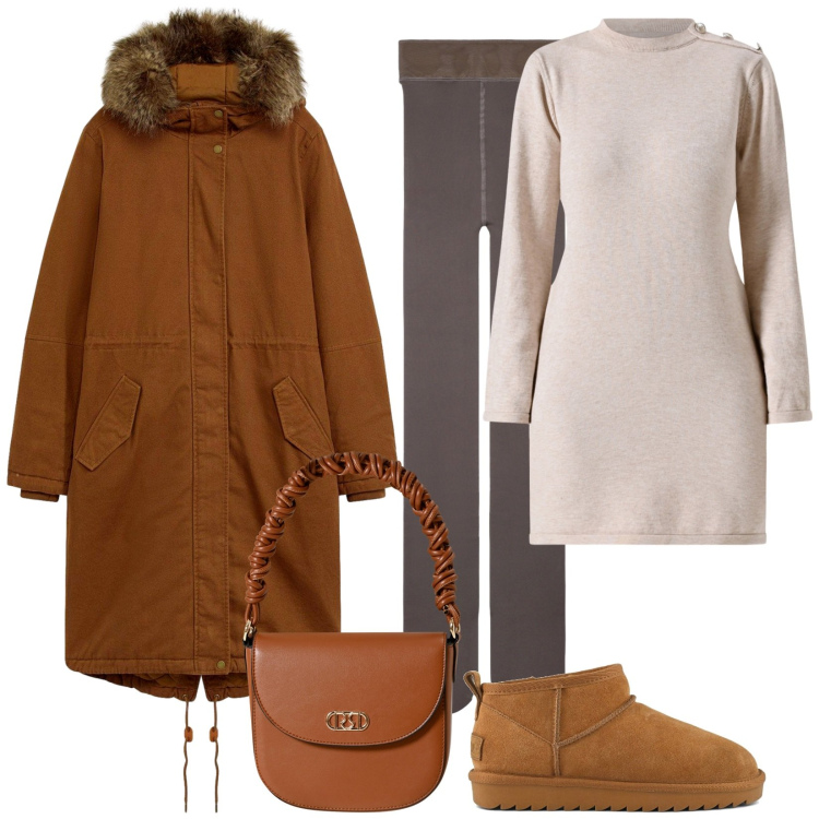 Outfit donna - Caramello, miele e grigio. Stile Casual chic per Tutti i giorni. Abbinamento con parka, vestiti corti, borse a mano, collant, stivali.