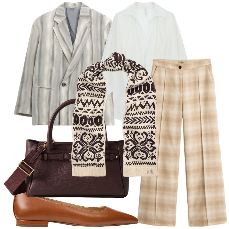 Outfit donna - Urban mix. Stile Urban per Tutti i giorni. Abbinamento con blazer, camicie, borse a mano, sciarpe, ballerine, pantaloni.