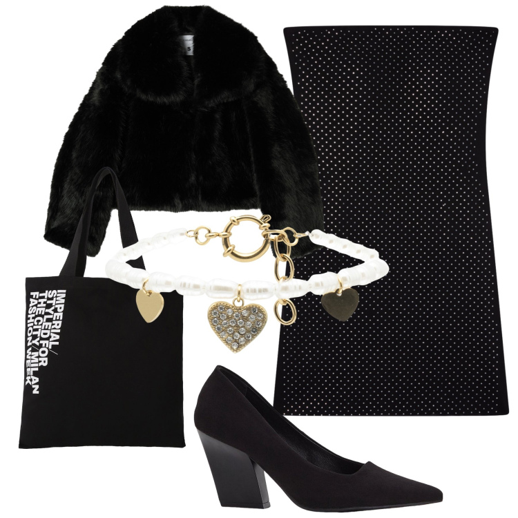 Outfit donna - Un amore di cena. Stile Bon Ton per Serata fuori. Abbinamento con décolleté, vestiti corti, ecopellicce, shopping bag, braccialetti.