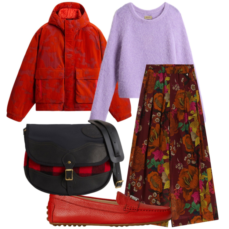 Outfit donna - Rosso e lilla. Stile Trendy per Ufficio. Abbinamento con pantaloni a palazzo, mocassini, borse a tracolla, maglieria, blazer.