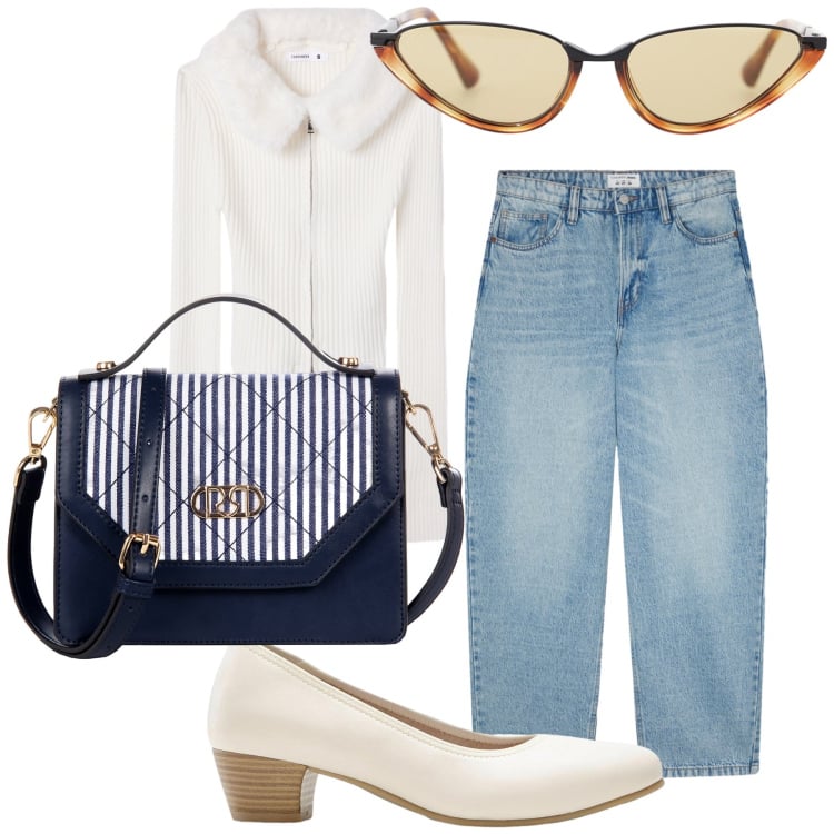 Outfit donna - Total look. Stile Sporty chic per Tutti i giorni. Abbinamento con décolleté, jeans, cardigans, borse a mano, occhiali da sole.