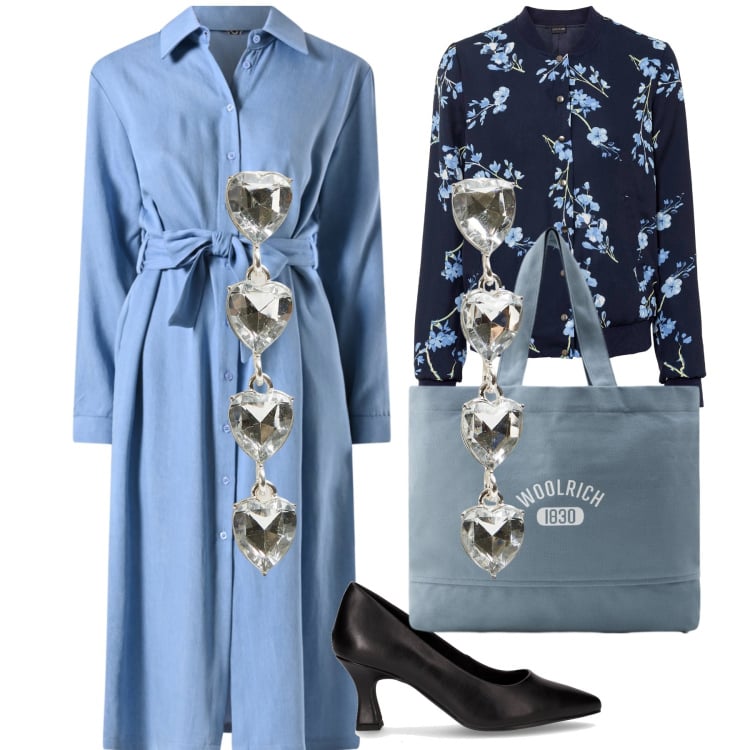 Outfit donna - Romanticismo in ufficio. Stile Romantica per Ufficio. Abbinamento con bomber, orecchini, vestiti chemisier, borse tote, décolleté.