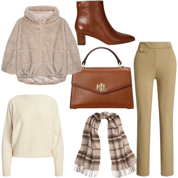 Outfit donna - Look confortevole e caldo. Stile Chic per Tutti i giorni. Abbinamento con pantaloni, maglieria, borse a mano, stivaletti, sciarpe, ecopellicce.