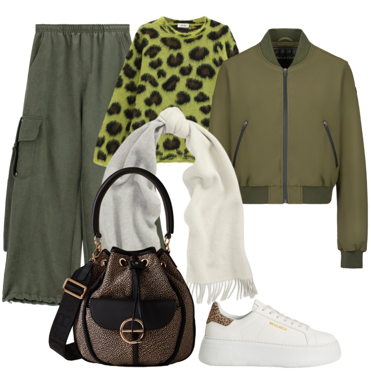 Outfit donna - Borsa a secchiello. Stile Military per Tutti i giorni. Abbinamento con pantaloni a palazzo, borse a secchiello, maglieria, sciarpe, bomber, sneakers.