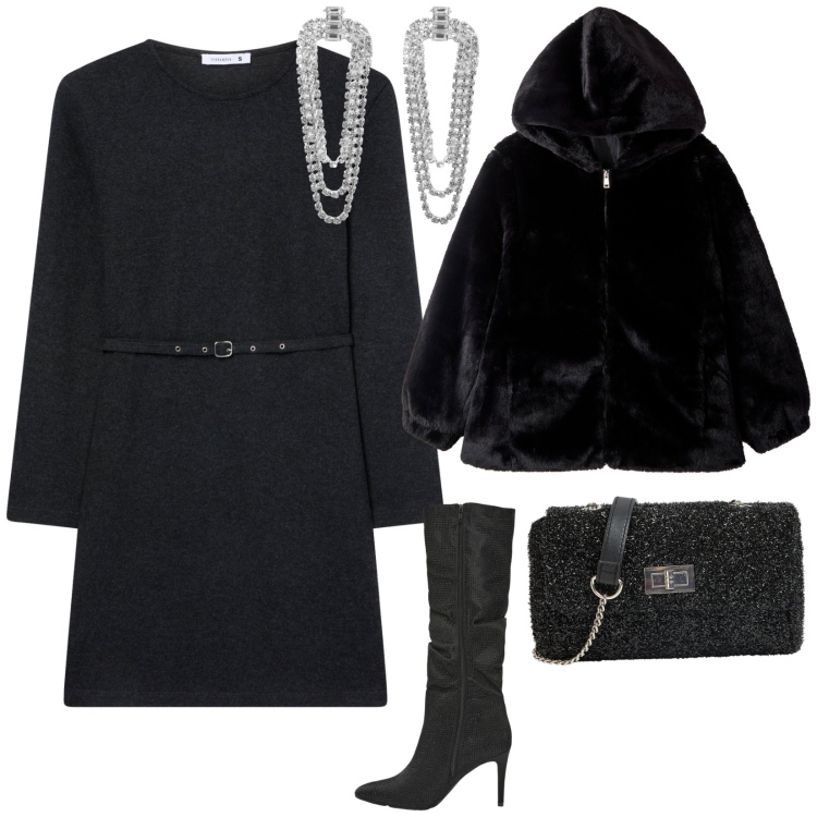 Outfit donna - Terranova black Friday. per Serata fuori. Abbinamento con vestiti midi/longuette, ecopellicce, orecchini, stivali, borse a tracolla.