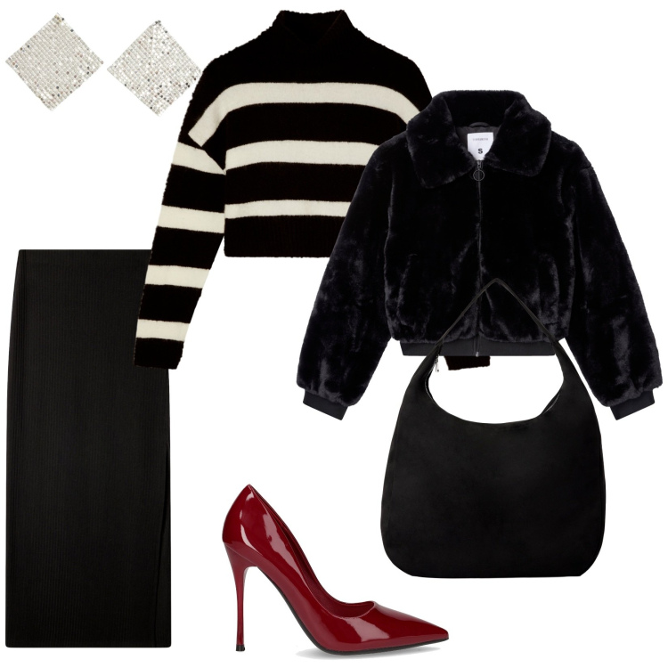 Outfit donna - Terranova black Friday. per Ufficio. Abbinamento con borse a mano, orecchini, gonne lunghe, maglieria, ecopellicce, décolleté.