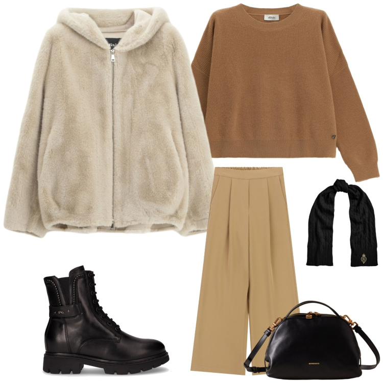 Outfit donna - Autunno non ti temo. Stile Casual chic per Tutti i giorni. Abbinamento con borse a mano, pantaloni a palazzo, pantaloni, maglieria, sciarpe, anfibi.