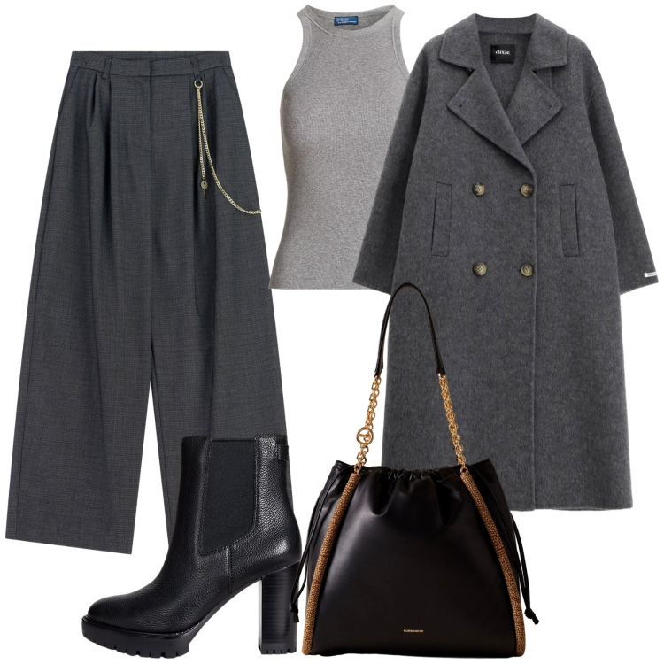 Outfit donna - Classico. Stile Minimal per Tutti i giorni. Abbinamento con pantaloni a palazzo, shopping bag, cappotti, stivaletti chelsea, canottiere.