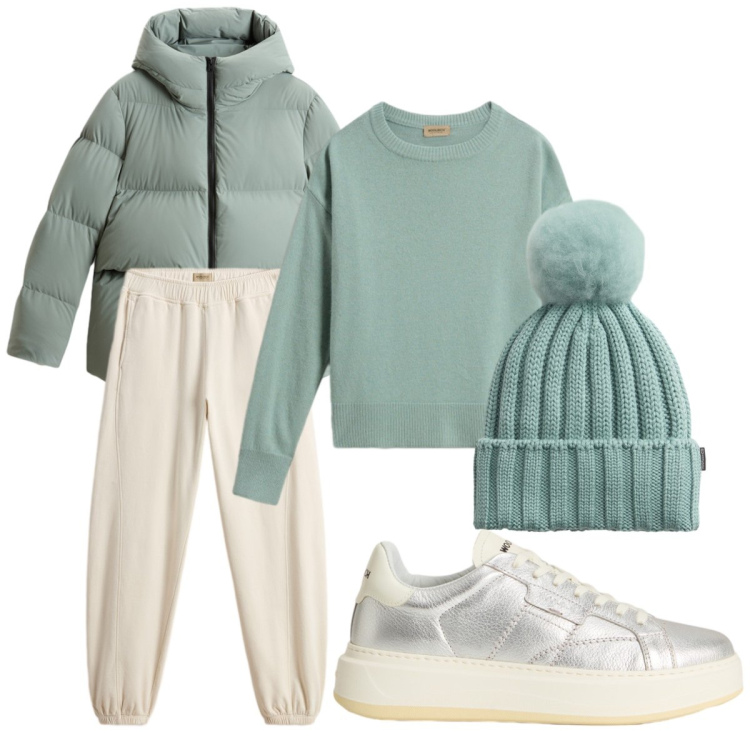 Outfit donna - Verde acqua. Stile Sporty chic per Tutti i giorni. Abbinamento con maglieria, sneakers, berretti, piumini, pantaloni.