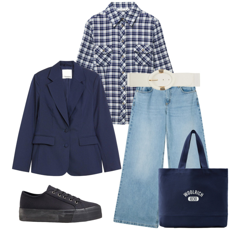Outfit donna - Il denim intramontabile. Stile Casual chic per Tutti i giorni. Abbinamento con sneakers, blazer, cinture, jeans, camicie, borse tote.