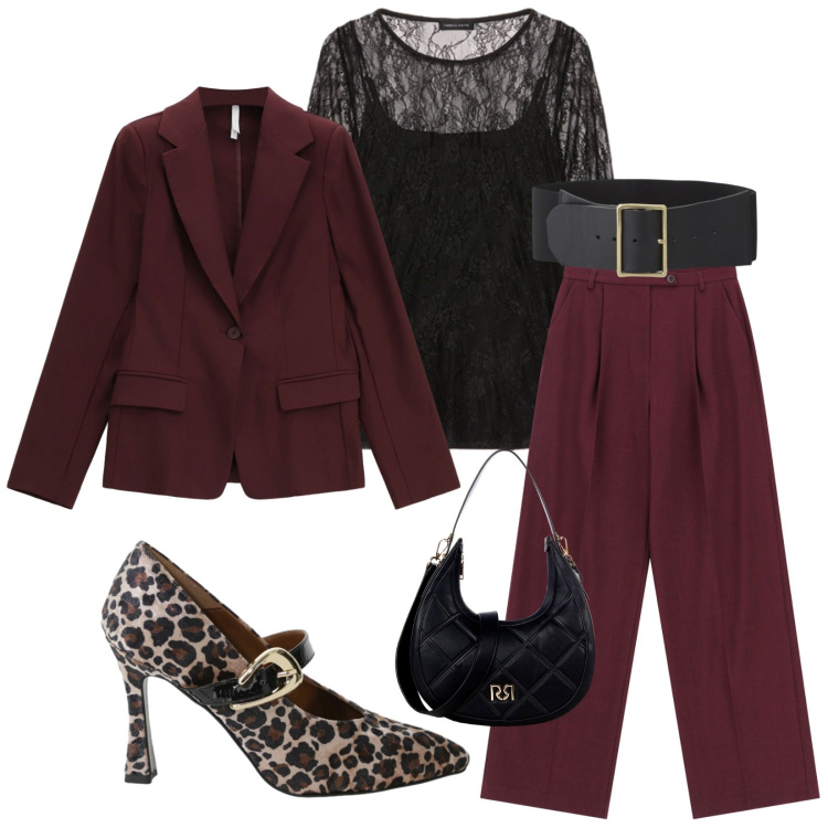 Outfit donna - Elegante e grintosa. Stile Chic per Serata fuori. Abbinamento con borse a tracolla, blazer, décolleté, pantaloni, cinture, bluse.