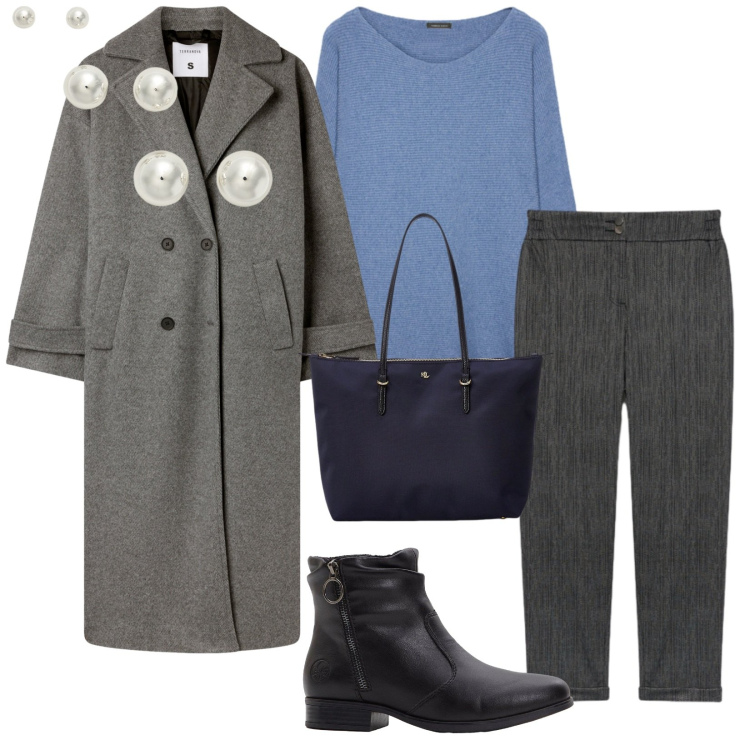 Outfit donna - Il cappotto grigio. Stile Casual chic per Tutti i giorni. Abbinamento con stivaletti, cappotti, borse tote, orecchini, maglieria, pantaloni.
