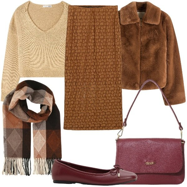 Outfit donna - Look color caramello. Stile Glamour per Serata fuori. Abbinamento con ecopellicce, gonne lunghe, ballerine, sciarpe, maglieria, borse a tracolla.