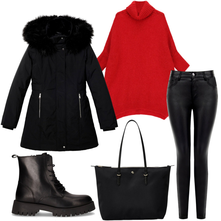 Outfit donna - City. Stile Sporty chic per Tutti i giorni. Abbinamento con parka, pantaloni skinny, maglieria, borse tote, anfibi.