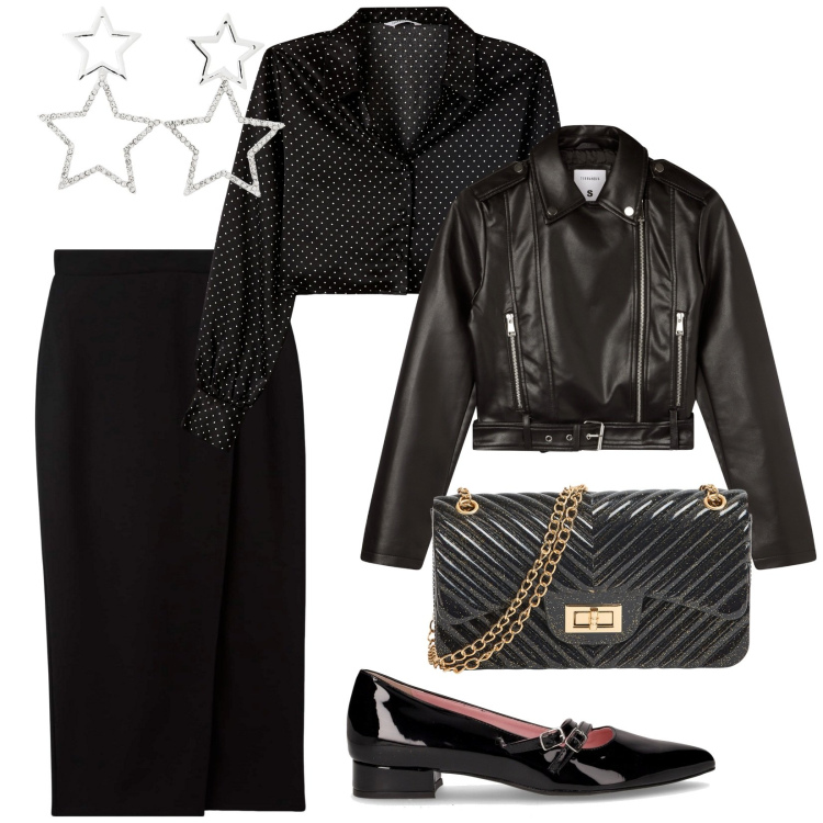 Outfit donna - Terranova black Friday. per Serata fuori. Abbinamento con gonne longuette, camicie, orecchini, giacche, borse a tracolla, ballerine.