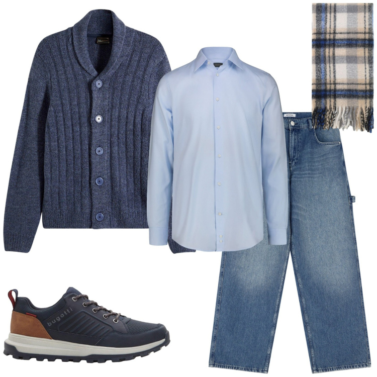 Outfit uomo - Total look #2285821. Stile Urban per Tutti i giorni. Abbinamento con cardigans, sneakers, jeans, sciarpe, camicie.