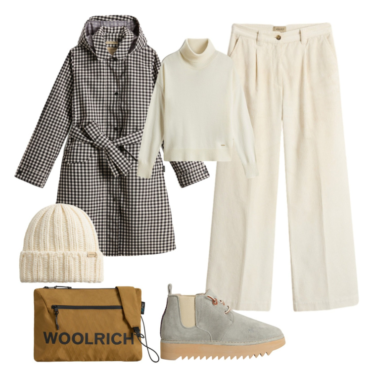 Outfit donna - Only Woolrich!. Stile Urban per Ufficio. Abbinamento con borse a tracolla, pantaloni, stivaletti, berretti, trench, maglieria.