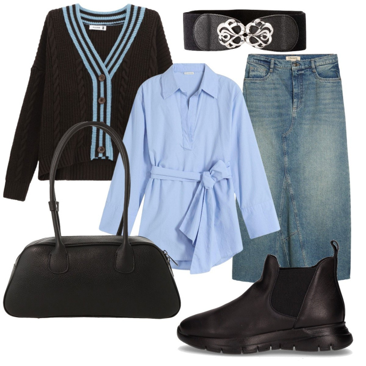 Outfit donna - Azzurro & nero. Stile Casual chic per Ufficio. Abbinamento con camicie, gonne, cinture, cardigans, borse a mano, stivaletti chelsea.