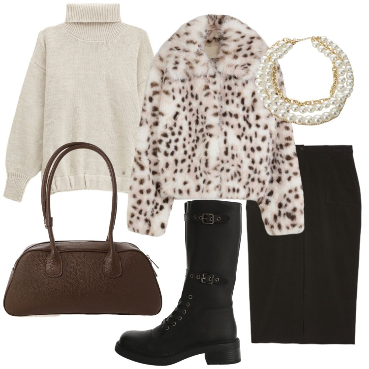 Outfit donna - L’eco pelliccia maculata. Stile Trendy per Serata fuori. Abbinamento con ecopellicce, maglieria, stivali, collane, borse a mano, gonne lunghe.