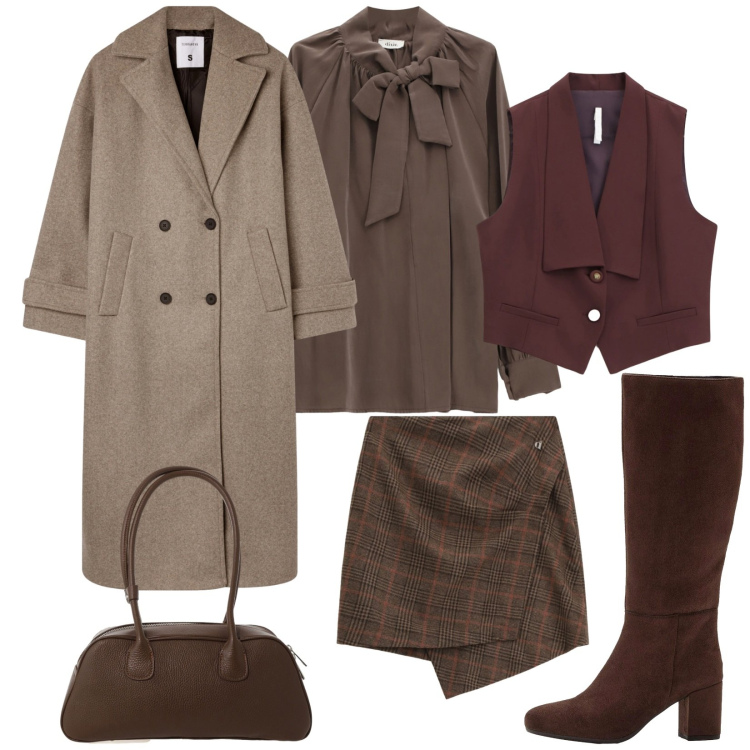 Outfit donna - Autunno. Stile Bon Ton per Serata fuori. Abbinamento con stivali, cappotti, gilet, minigonne, bluse, borse a mano.